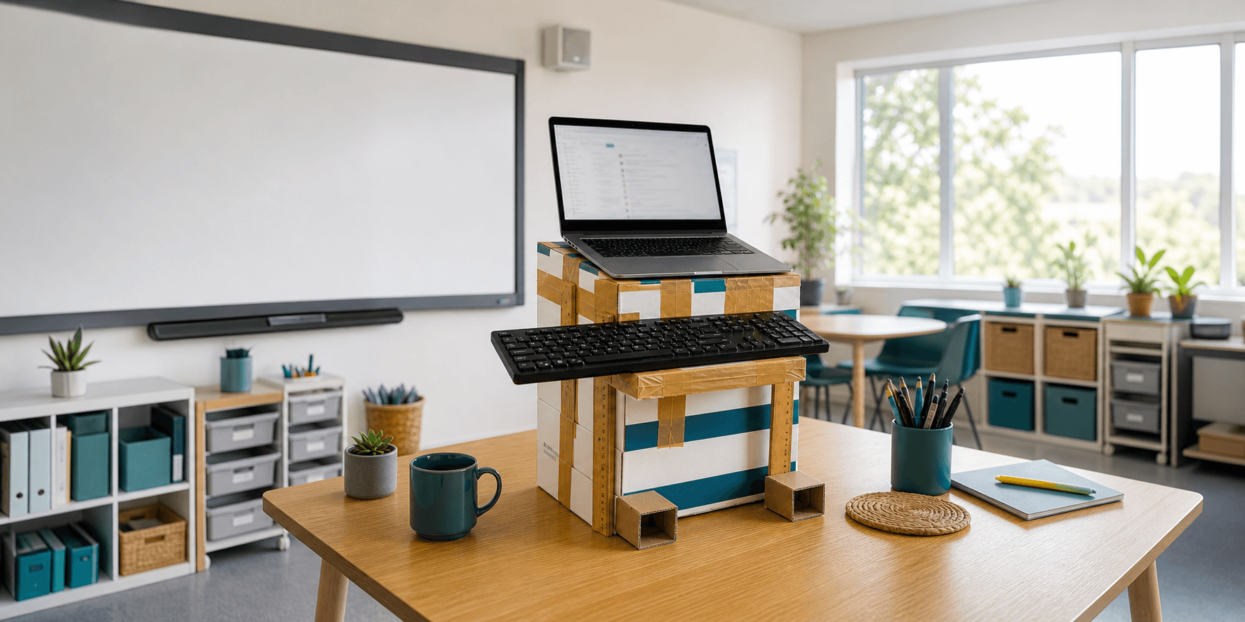 Makeshift standing desk built from copy-paper boxes, tape, rulers and cardboard blocks.
